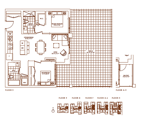 Floor plan for 2 beds, 2 baths, 890 sqft